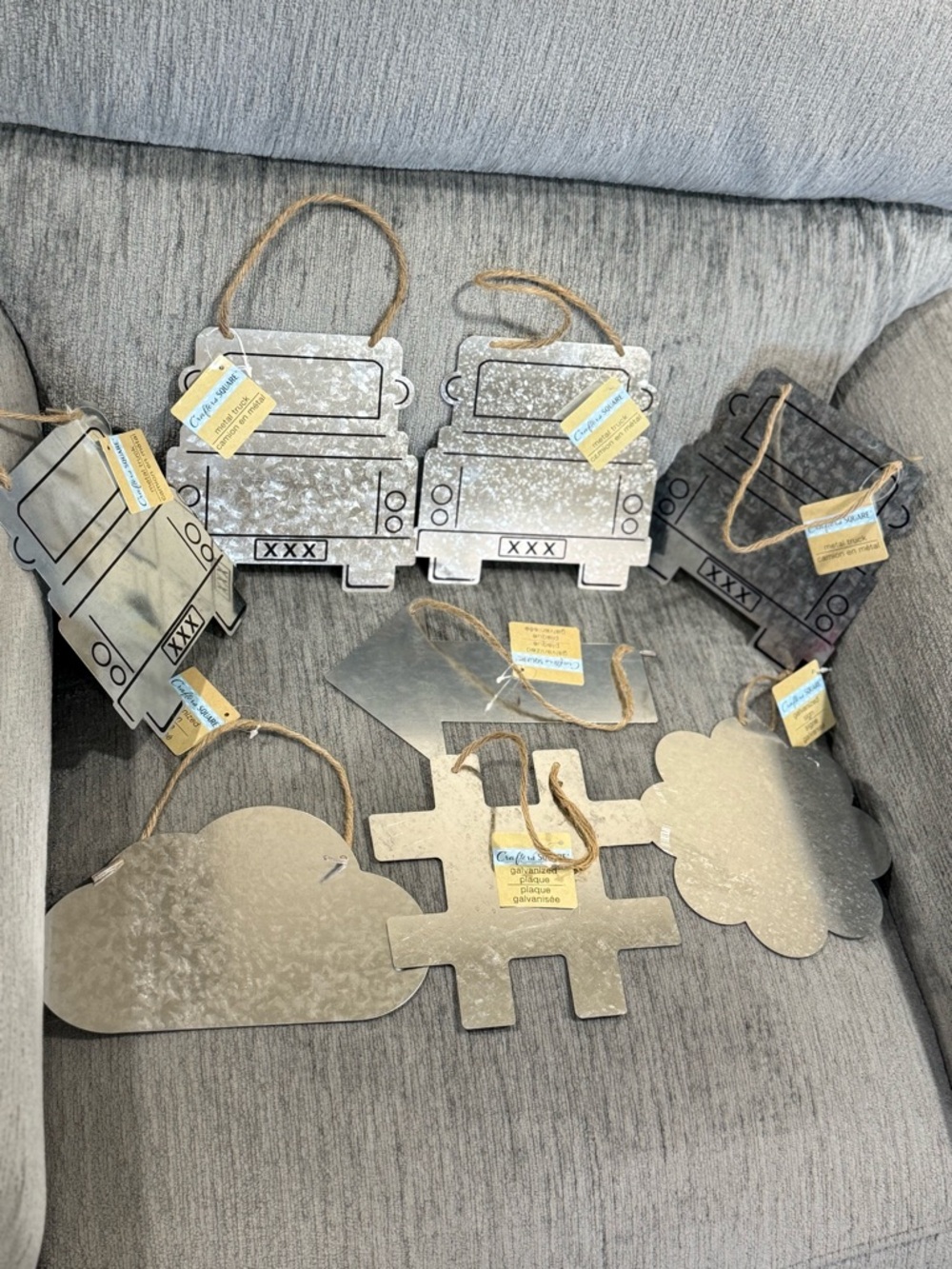 4 Galvanized Silver plaques-Truck,flower, #,Arrow Wall Art Set with Jute Hangers